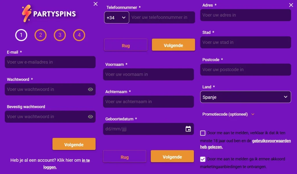PartySpins Casino Registratie en KYC